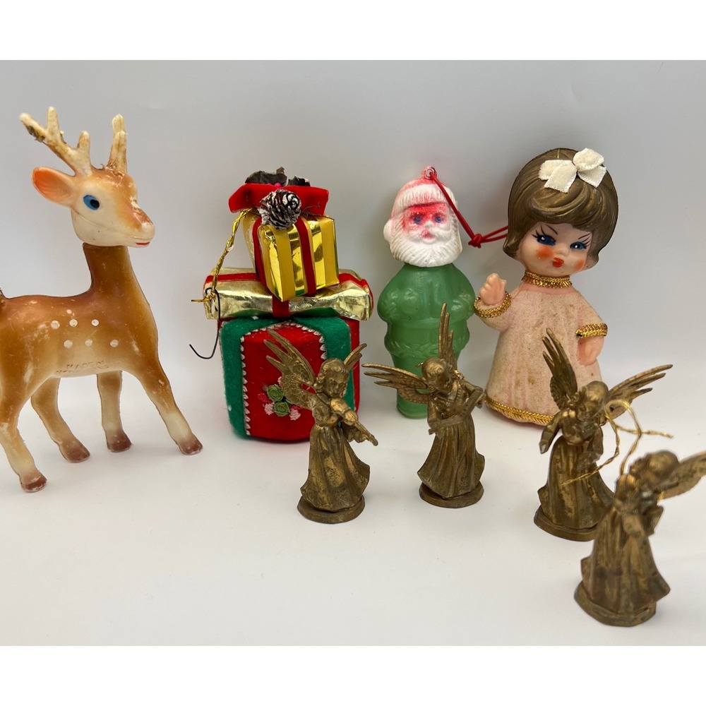 Plastic Christmas Figures Lot of 8 Made in Hong Kong VTG 50s 60s Kitsch Trinkets